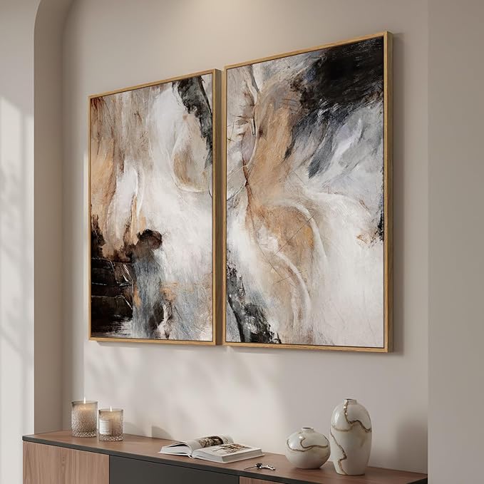 Large Framed Neutral Abstract Set of 2 Wall Art