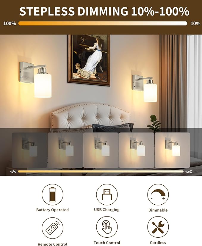 Rayogale Wireless Wall Sconces, Nickel Battery Operated Wall Sconce Set of 2