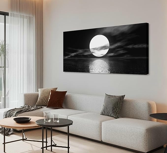 Cao Gen Decor Art S06498 Wall Art Canvas Sea White Full Moon in Night Picture