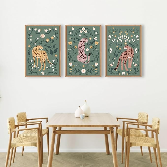 KAIRNE Sage Green Cheetah Framed Canvas Wall Art Set,Boho Leopard Floral Wall Decor,Abstract Animal Wildflower Art Prints,Modern Botanical Artwork for Living Room,Bedroom,Farmhouse,Office-16 x24 x3