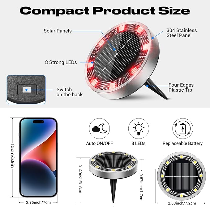 Peasur Solar Ground Lights Outdoor, 12 Pack Flat Solar Powered Disc Lights, IP68 Waterproof, Anti-Rust, Landscape Lighting for Pathway Garden Yard Lawn Walkway Landscape Driveway, Red