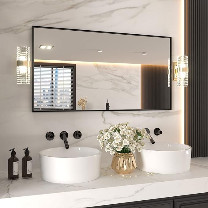 LOAAO 55"X30" Black Rectangle Bathroom Mirror Wall, Matte Black Aluminum Alloy