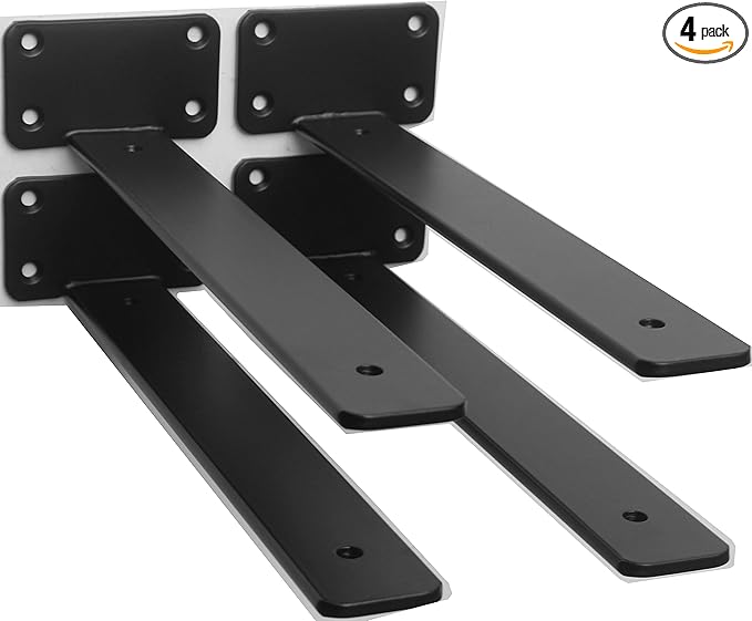 4 Pack - 10 inch Black Hidden L Shelf Bracket Iron Floating Shelf Brackets