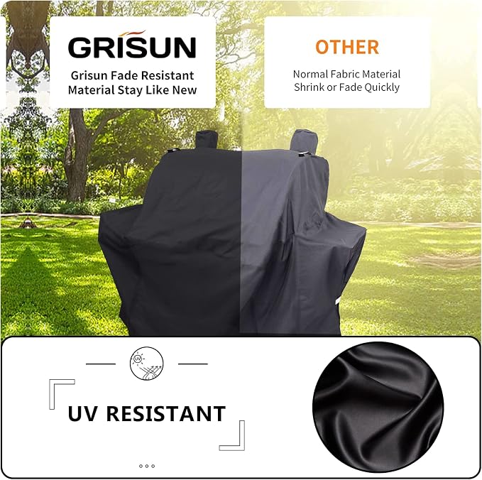 Grisun Grill Cover for Oklahoma Joe's Rider 900 & Rider DLX Grills, Anti-Fade Waterproof Charcoal Offset Smoker Cover, Strap for Fix, Fabric Handle for Easy Put On and Take Off, 600D Material, Black