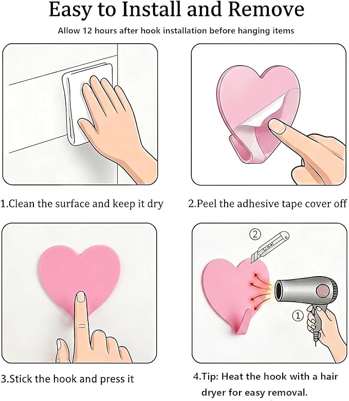 Heart Wall Hooks, 8 Pack, Small Pink Decorative Accessories, Purse Hanger