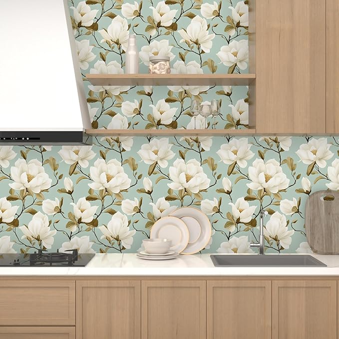Modern Green White Flowers Wallpaper Blue Floral Peel and Stick Contact Paper