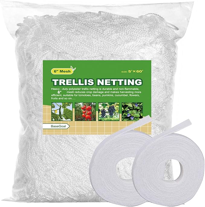 All-Weather Trellis Netting Mesh Plant Garden Vine Growing Flexible String Net (6" Mesh ployester, 5' Wx 60'L)