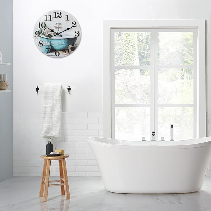 Silent Wall Clocks for Bathroom, Rustic Style Waterproof Glass Wall Clock for
