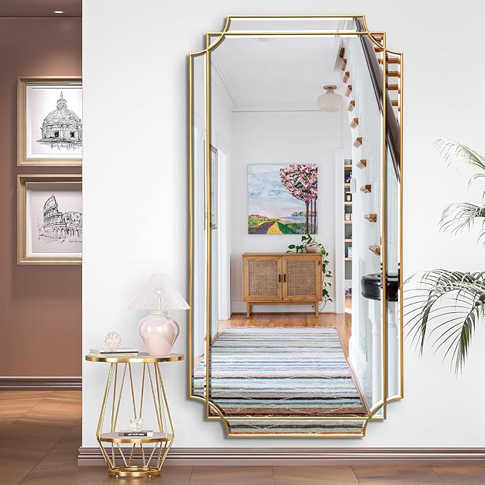 HQiJun Gold Full Length Mirror for Wall, Polished Bevelled Rectangle Mirror