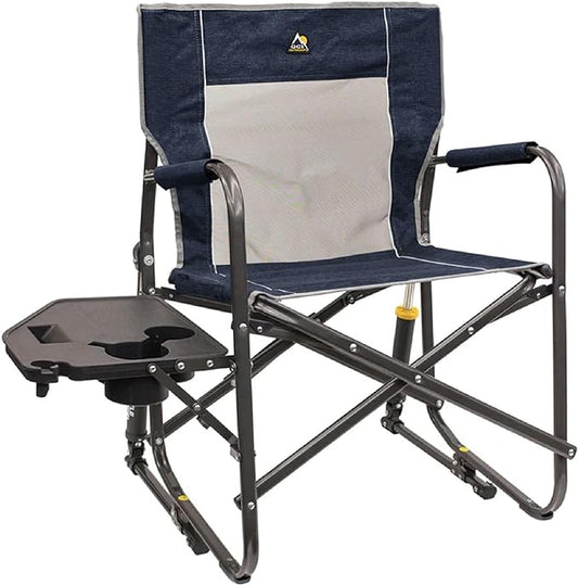 GCI OUTDOOR Freestyle Rocker with Side Table Camping Chair | Portable Folding Rocking Chair with Solid, Durable Armrests, Drink Holder & Comfortable Backrest â Heathered Indigo
