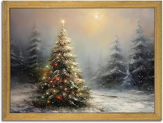 Vintage Christmas Wall Art, Vintage Pine Tree Canvas Wall Decor Painting