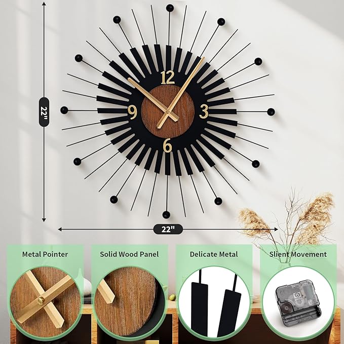 22 Inch Modern Sunburst Wall Clock Battery Operated, Silent Quartz Movement