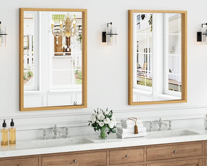 Syndra Natural Wood Frame Bathroom Mirror, 24x36'' Modern Vanity Mirror