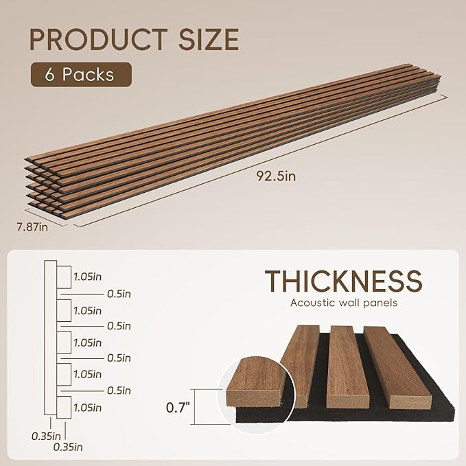 EVERECO 6 Pack Wood Slat Acoustic Wall Panels 92.5" × 7.87", 3D Sound Absorbing