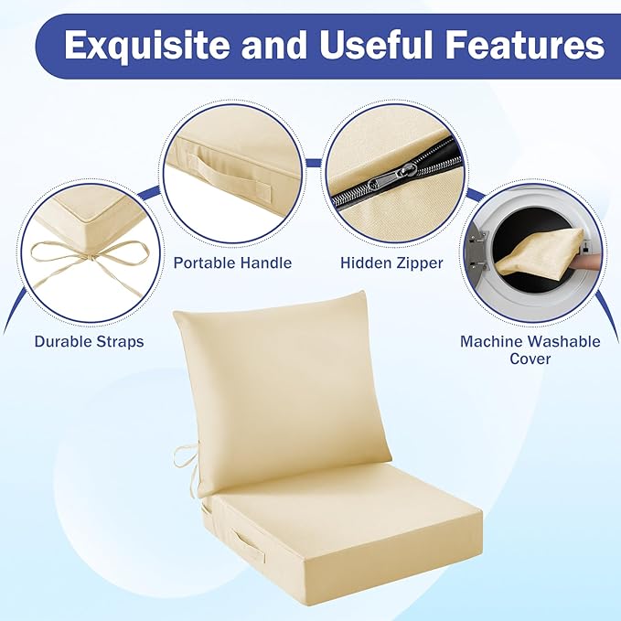 IASEAHK Outdoor Seat Cushion Set, Waterproof & Fade Resistant Patio Chair Cushions, Outdoors Cushion for Patio Furniture, 24 x 24 x 5.75 Inch, Outdoor Couch Cushions with Handle and Ties, Light Khaki