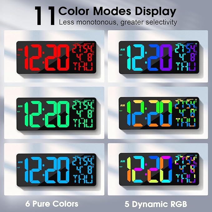 11 RGB Color Changes Large Digital Wall Clock/Bluetooth Auto Time Sync