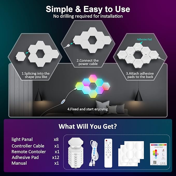 OJQ 8 Pack Hexagon Lights Wall RGB Panel