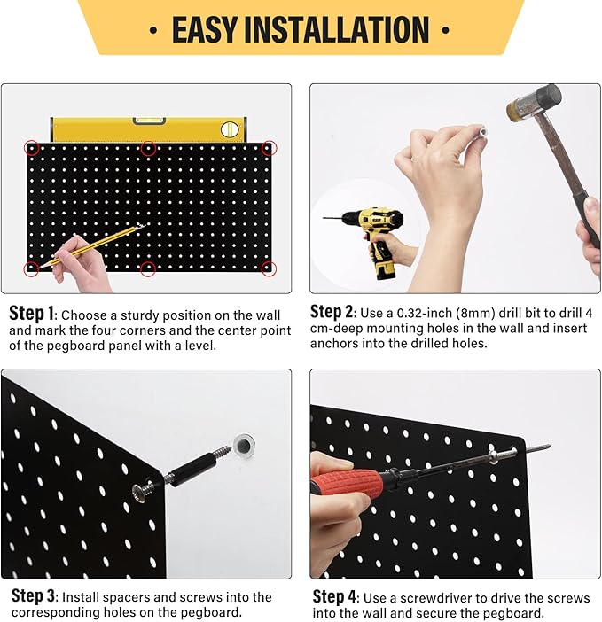 DEWEL Wall Organizer Peg Board, 3Pcs Metal Pegboard Panels with Accessories, 23" x 12" Pegboard, Heavy Duty Peg Board Wall Organizer for Workbench, Workshop, Office, Craft Room (3pcs black)