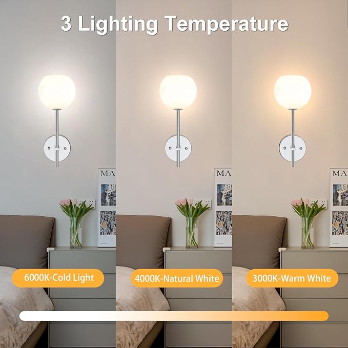 Chrome Battery Operated Wall Sconces Set of 2, Rechargeable Wireless Wall Lights
