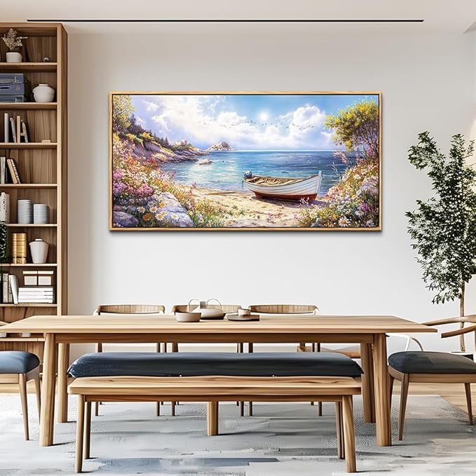 Wood Farmed Large Wall Decor For Living Room Canvas Wall Art For Office Modern Wall Decorations For Bedroom The Sea Boat Landscape Painting Farmhouse Pictures Artwork Room Home Decor 24x48 In
