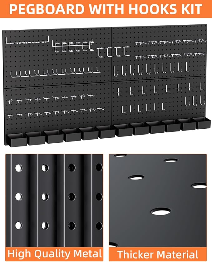 INCLY 158PCS Metal Pegboard Wall Organizer, 48x24 Inch Black Pegboard Panels