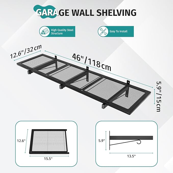 2 Pack Garage Wall Shelving, Heavy Duty Storage Shelves 360 LBS Capacity