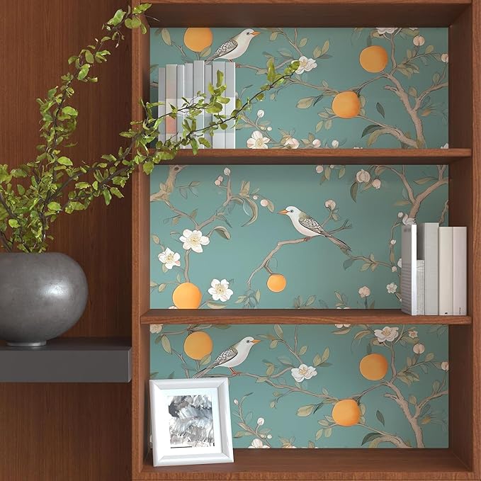 Green Floral Wallpaper Peel and Stick, Birds & Orange Fruits Contact Paper