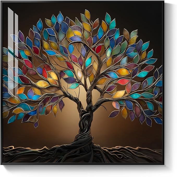 Framed Square Tree of Life Wall Art, Modern Contemporary Tree Painting Prints