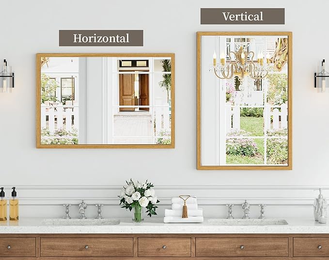 Syndra Natural Wood Frame Bathroom Mirror, 24x36'' Modern Vanity Mirror