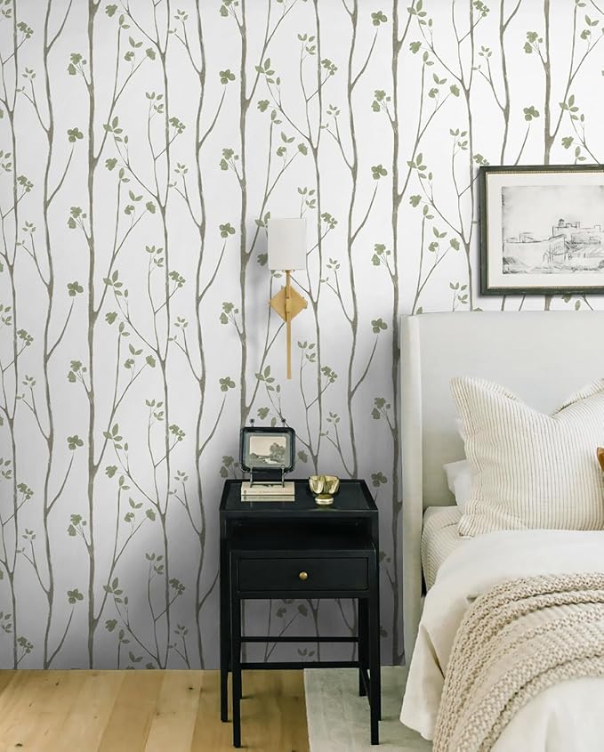 Timeet Green White Leaf Floral Boho Wallpaper 16" x 393.7" Self-Adhesive