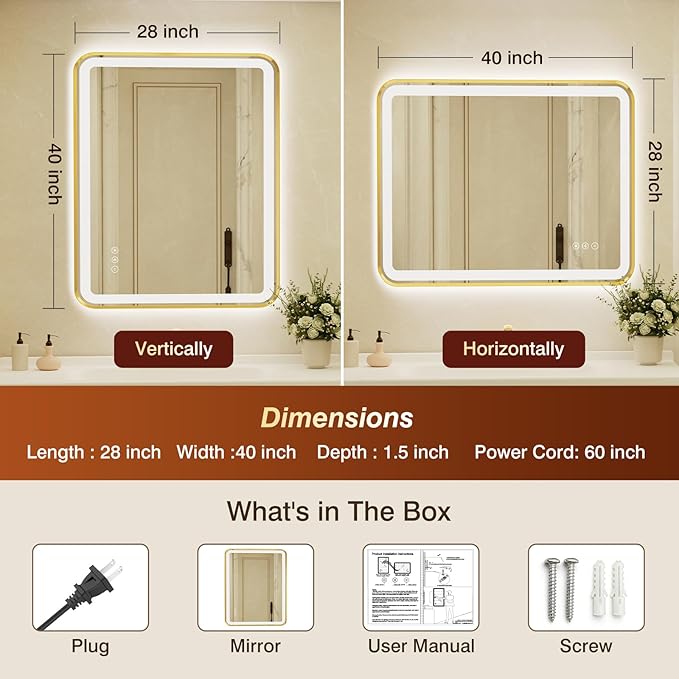 28x40 Inch Gold Framed LED Bathroom Mirror