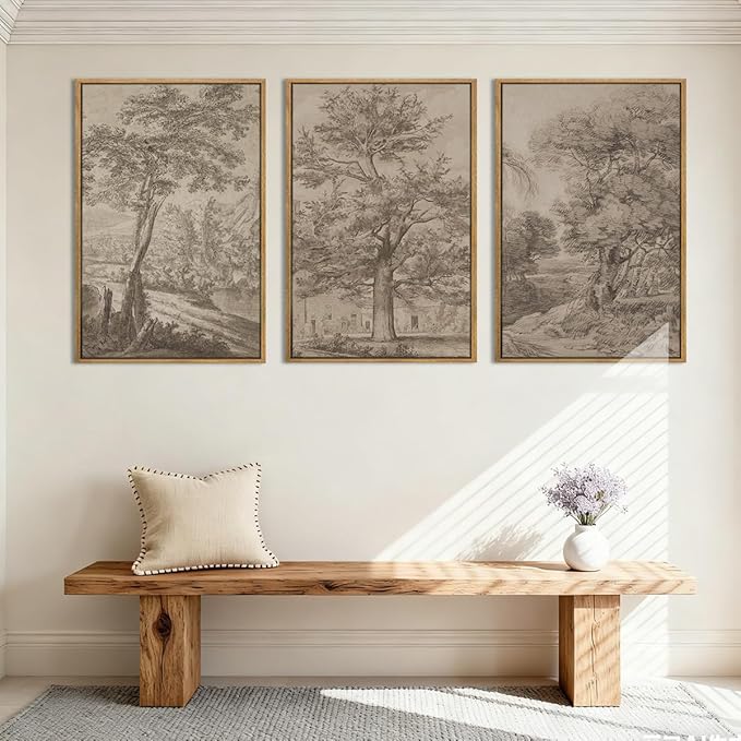 Extra Large Wall Art Framed Vintage Tree Sketch Antique Botanical Forest Prints Rustic Farmhouse Nature Decor for Living Room Bedroom Office 24"x36" Set of 3