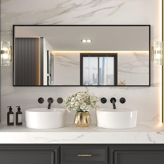 LOAAO 72"X32" Black Rectangle Bathroom Mirror Wall, Matte Black Aluminum Alloy