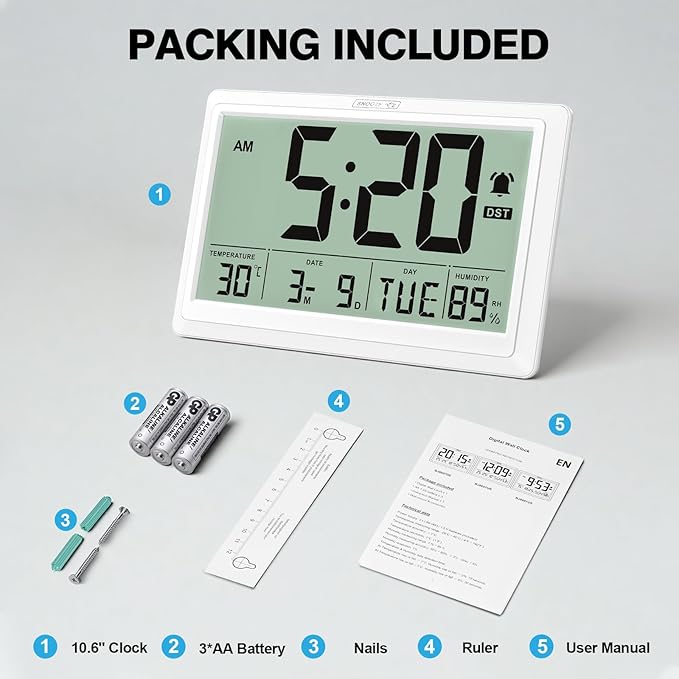 XREXS 10.4 Inch Digital Wall Clock, Battery Operated Large Display Clock