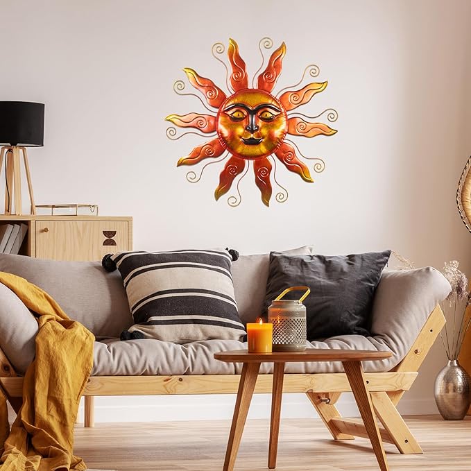 Outdoor Metal Wall Art Metal Sun Wall Art Decor 26 inch Large Outdoor Wall Art Hanging Decoration for Graden 3D Sun Face for Living Room Garden Yard Patio(Thread)