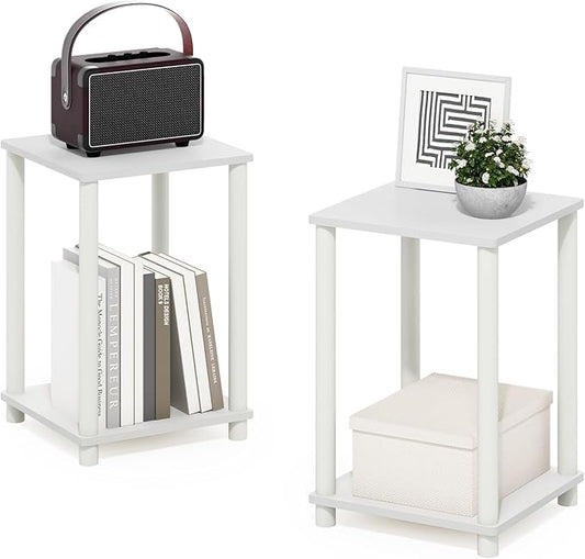 Furinno Turn-N-Tube Side Table Set of 2, 2-Tier Stackable Modern End Table with Open Shelf, Toolless Night Stand, Bedside Table, for Living Room, Bedroom, White