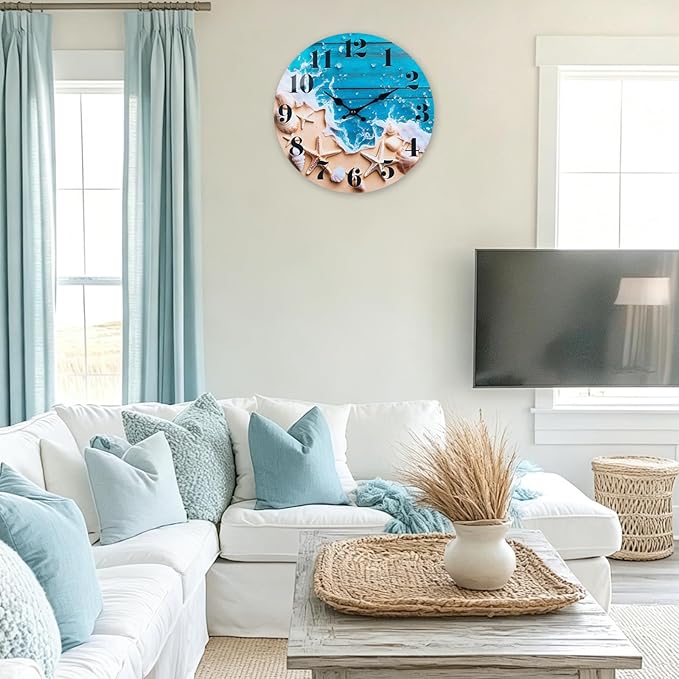 Large Indoor/Outdoor Clocks Waterproof, Glass Coastal Beach Decor Wall Clock