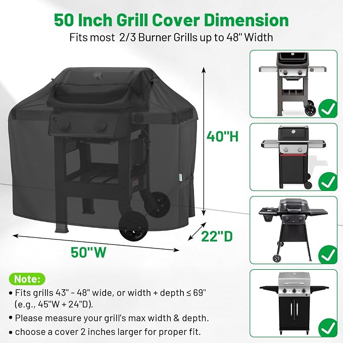 Grill Cover 50 Inch, Heavy Duty Waterproof BBQ Grill Cover for Outdoor Grill with Windproof Straps/Air Vents & Handles, Barbecue Gas Grill Cover for Weber, Char-Broil, Nexgrill, Black
