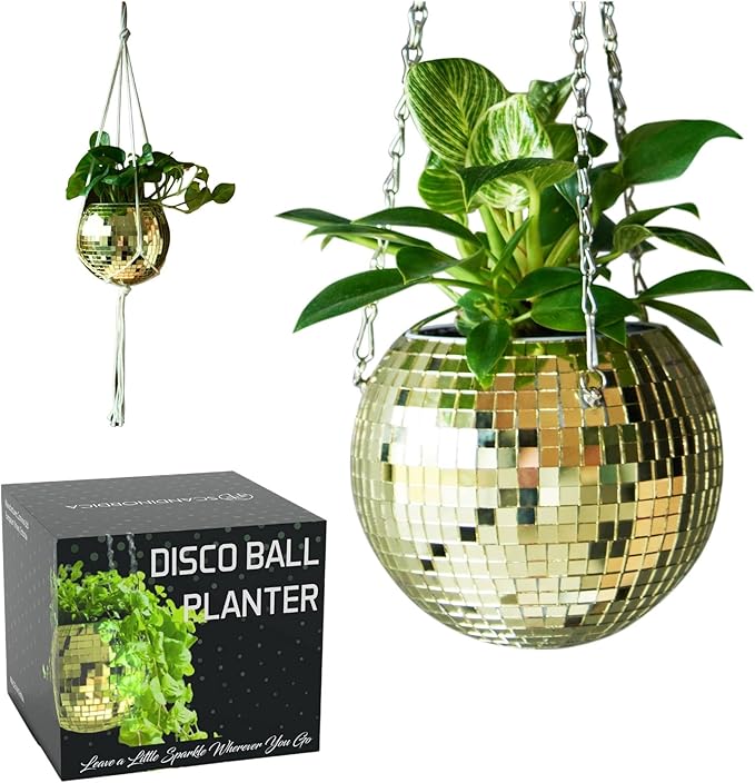 SCANDINORDICA Disco Ball Planter â Value Package: Mirror Disco Planter with Chain, Macrame Hanger and Acrylic Stand for Desk, Includes Self Watering Insert, Retro Decor | 6 inch Gold
