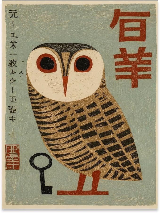 Heltrappe Vintage Japanese Canvas Wall Art Owl Poster Mid Century Animal Print