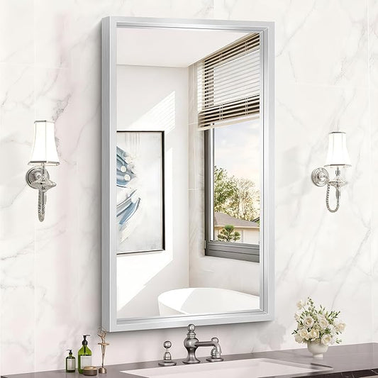 20x36 Silver Bathroom Mirror, Brushed Silver Rectangular Mirror