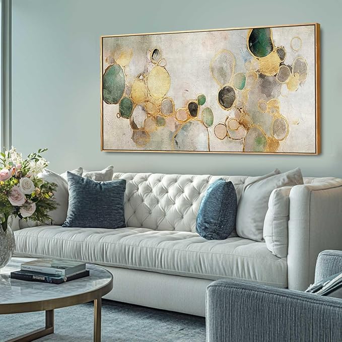 Gold Circle Modern Artwork Framed Abstract Wall Art Green Canvas Decor 24"x48"