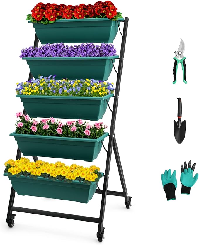 EDOSTORY 4.5 FT Height Vertical Garden Planter Removable Pale Green Raised Bed Box with 5 Container Boxes,Digging Claw Gloves,Trowel,Purning Shears for Outdoor Vegetables Flowers