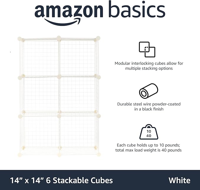 Amazon Basics 6 Cube Wire Grid Storage Organizer, Stackable Storage Cubes
