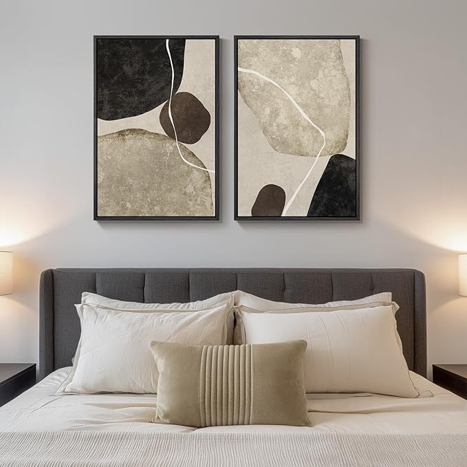 Framed Neutral Abstract Wall Art Set of 2, Modern Black Beige Brown Canvas