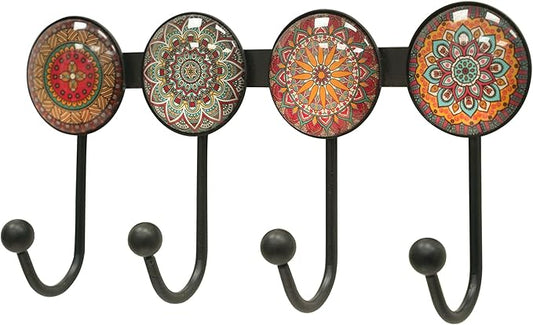 Coat Rack Wall Mounted with 4 Hooks, Round Brown Pattern Decorative Wall Hooks