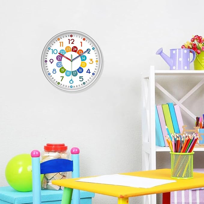 XFM Kids Wall Clock12 Inch Silent Non Ticking Kids Teaching Clocks Battery