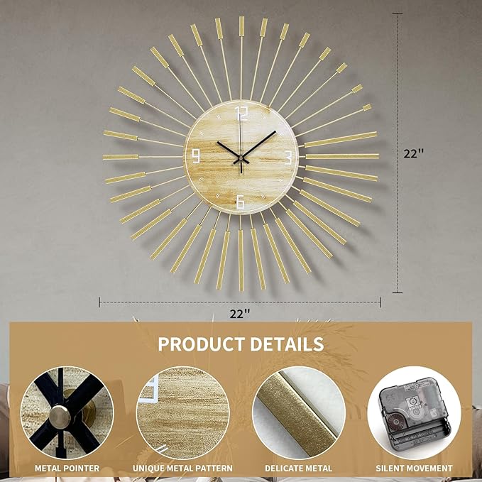 23.6 inch Gold Starburst Wall Clock, Metal & Wood Mid Century Modern Decorative