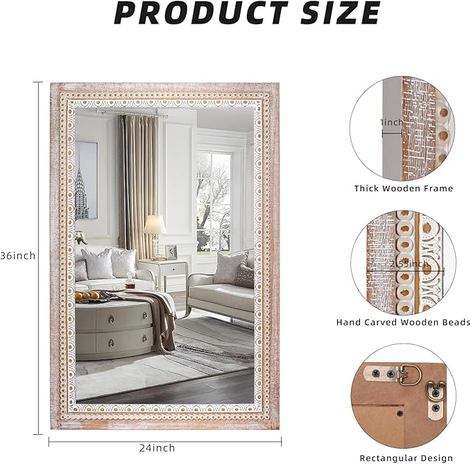 36x24 Inch Rustic Farmhouse Rectangle Bathroom Mirror Decorative, Boho Wooden
