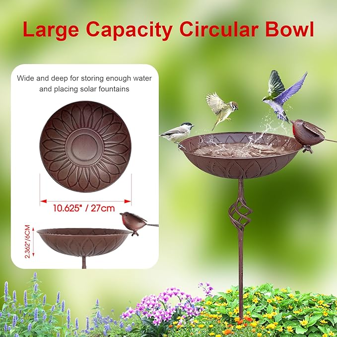 Metal Bird Bath for Outside,Hand-Painted Outdoor Birds Baths Water Bowl with Stake for Garden Patio Yard Lawn Decor, 27.6" H Bird Feeder with 5 Prongs Base,Vintage Freestanding Birdbaths & Birdfeeder